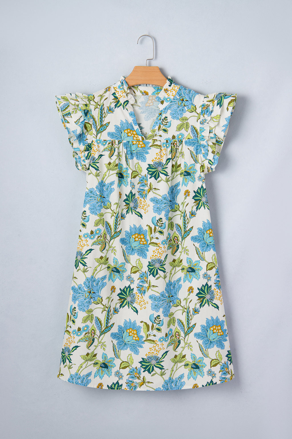 Beige Floral V Neck Triple Ruffle Short Sleeve Shift Mini Dress S-XL