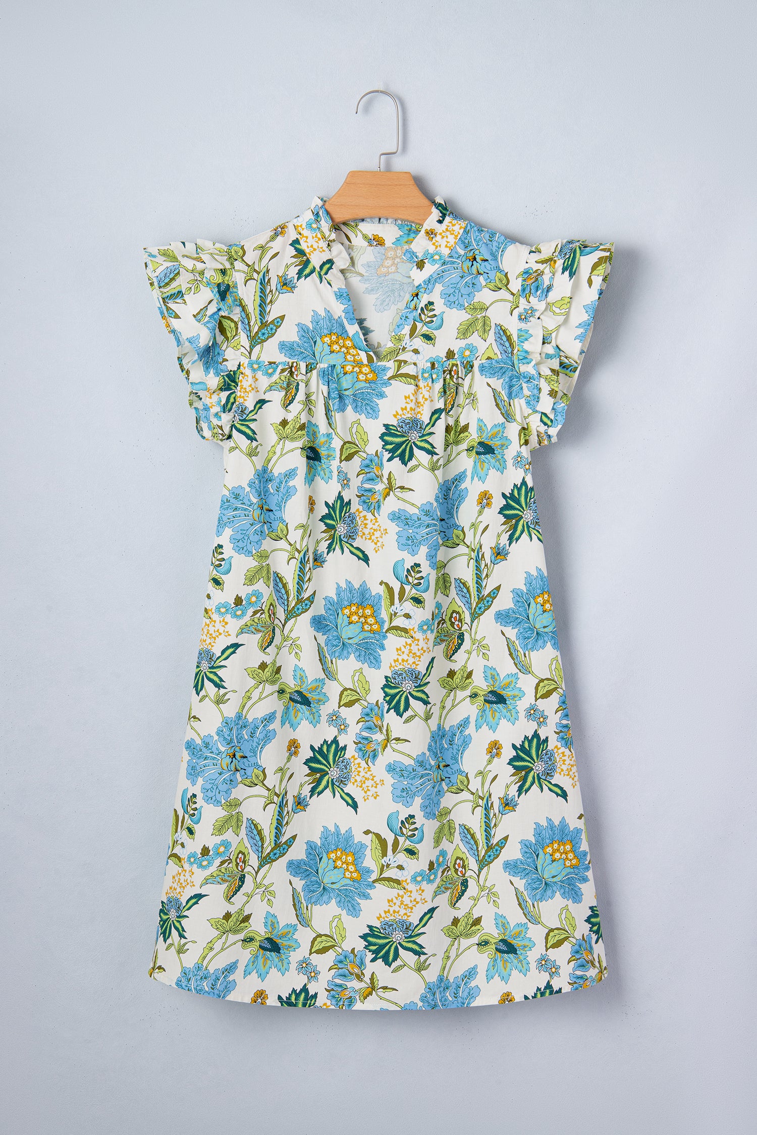 Beige Floral V Neck Triple Ruffle Short Sleeve Shift Mini Dress S-XL