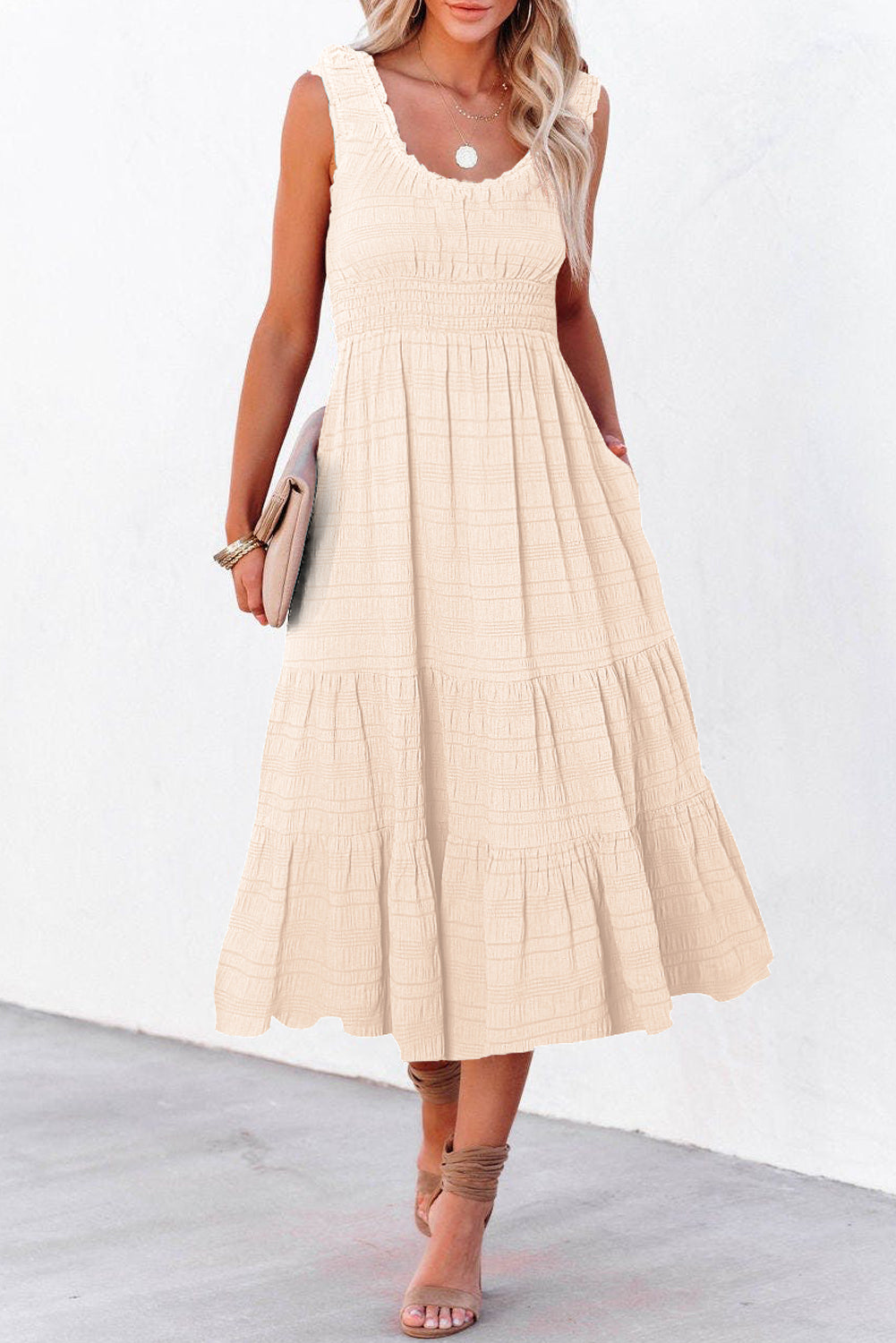 Shop Shirred Pleated Square Neck Sleeveless Midi Dress | S-XL at LivelyLooks