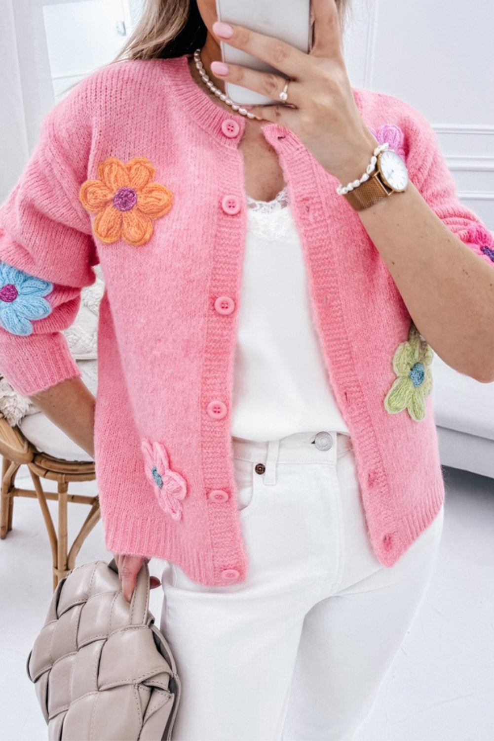Women's Pink Floral Knit Button-Up Cardigan Cosy & Cute at LivelyLooks