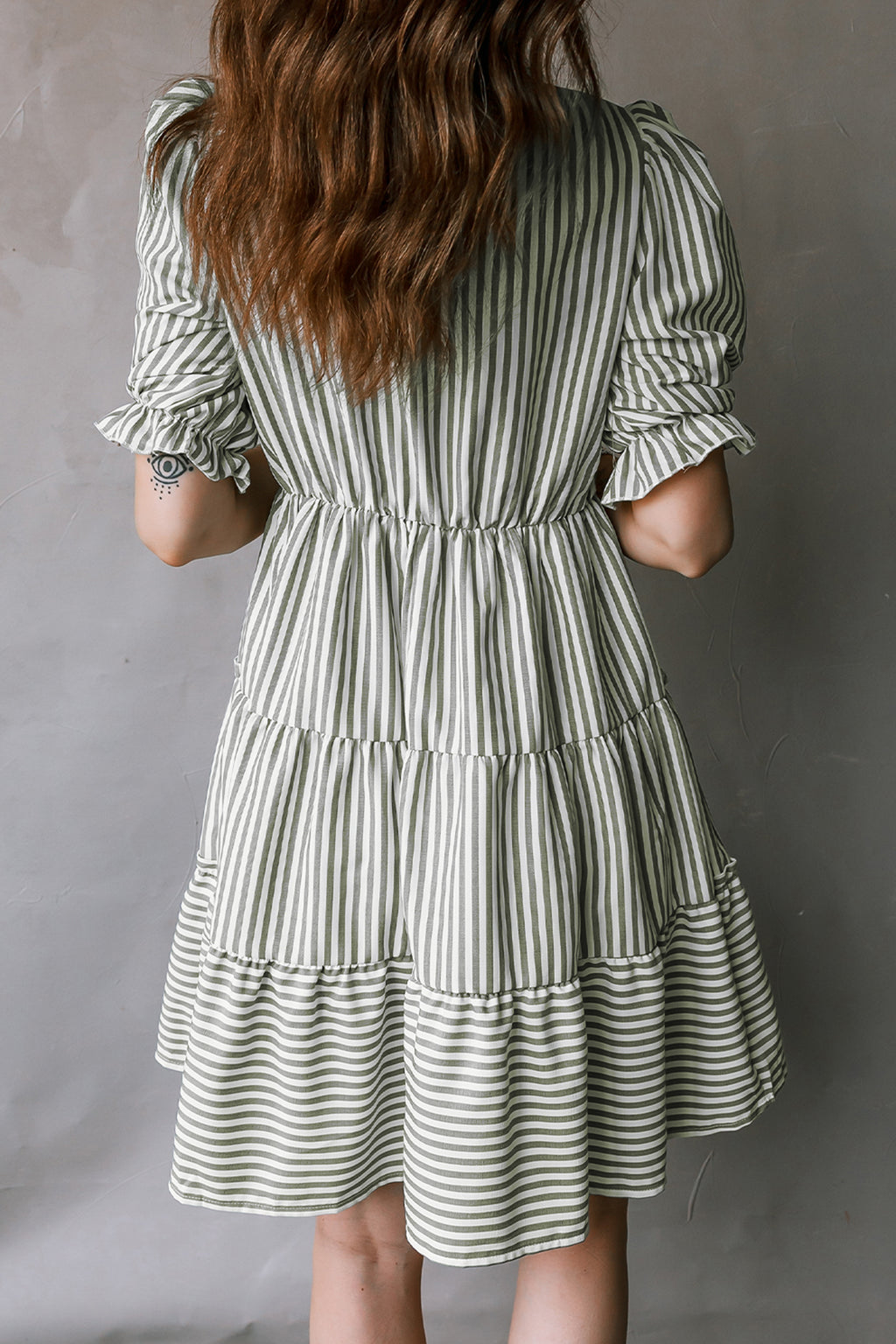 Green Stripe Tiered Dress Tasseled Tie Neck Ruffled Short Sleeve Women S-XL