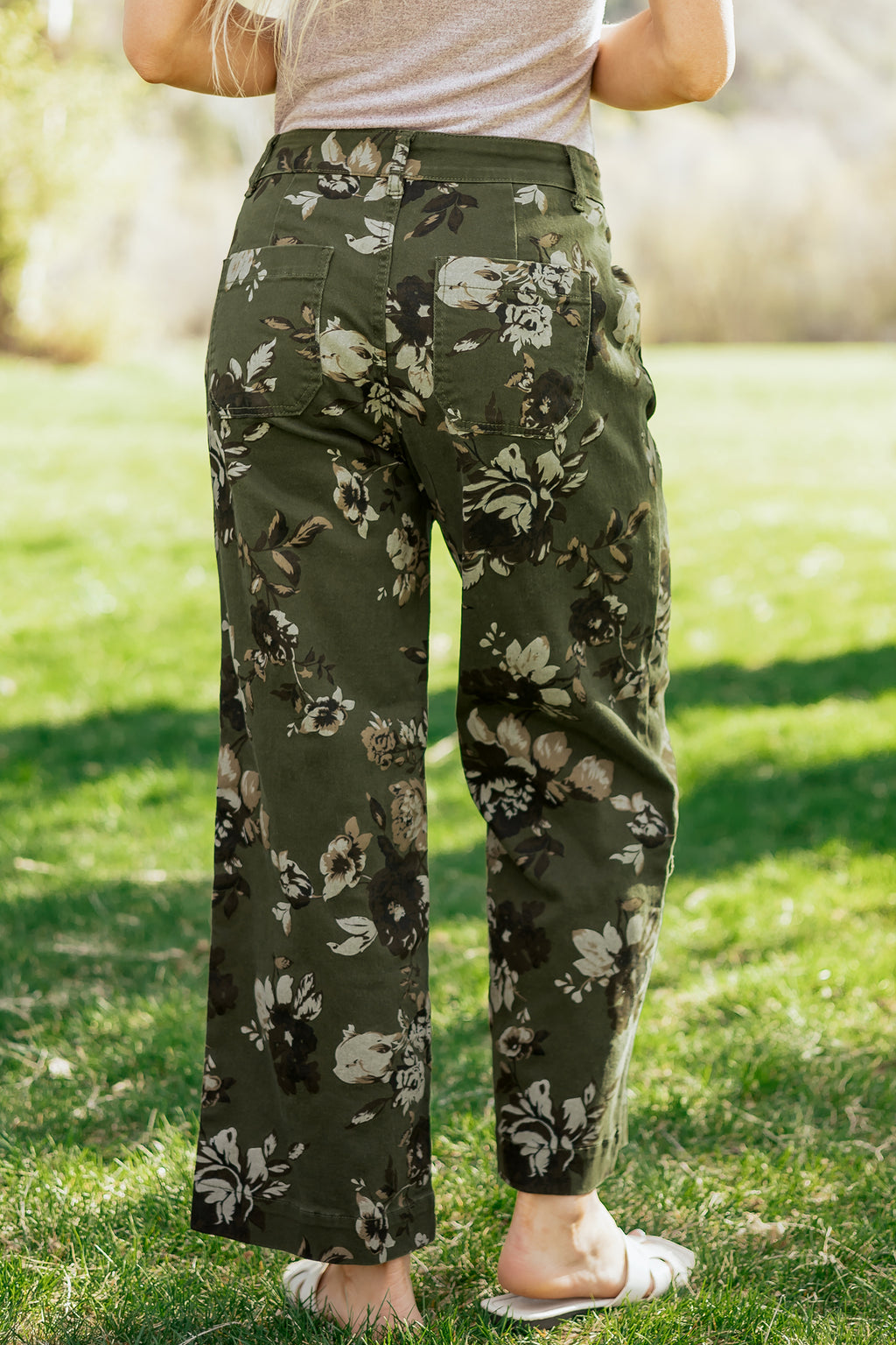 Green Vintage Floral Print Shift Jeans Square Patch Pocket Raw Hem UK 4-16
