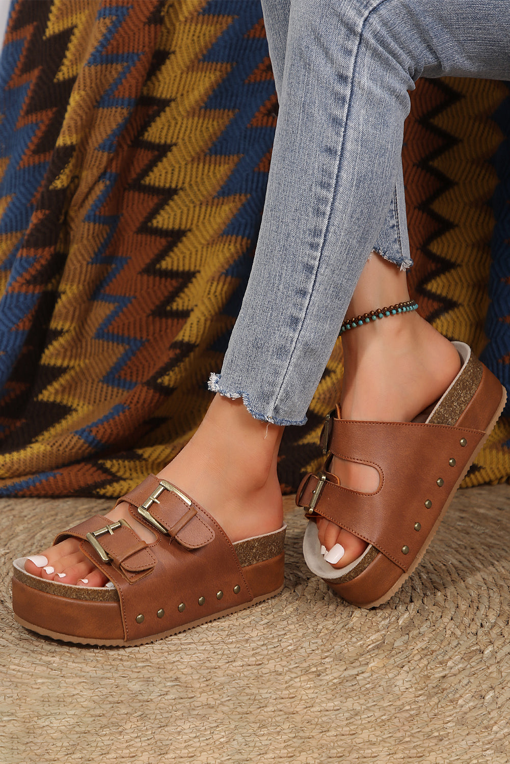 LivelyLooks Women's Chestnut Dual Buckle Studded Platform Sandals EU 37-42 women's fashion