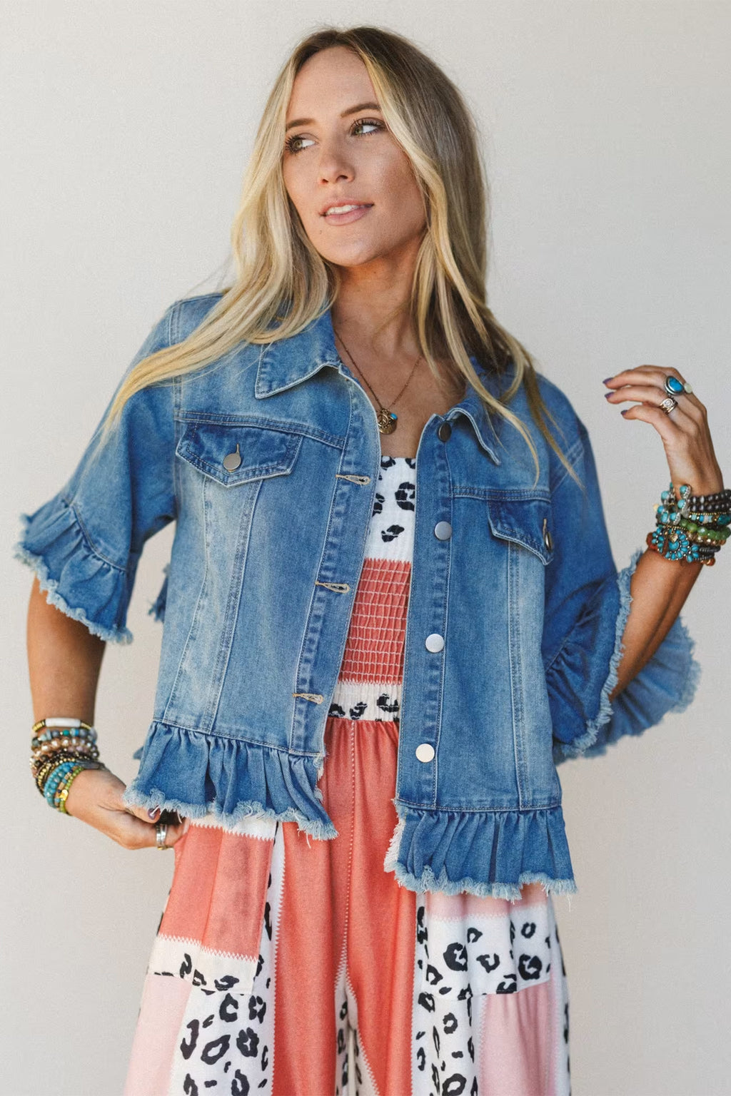 Blue Ruffle Hem Raw Edge Half Sleeve Western Denim Jacket | UK 8–22