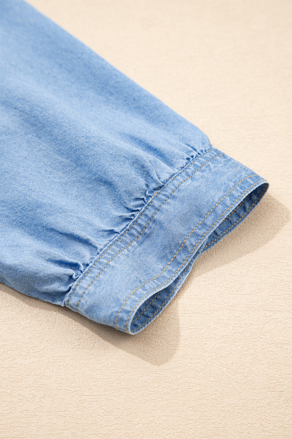 Women's Beau Blue Half Sleeve Button Down Ruffled High Low Chambray Shirt at LivelyLooks
