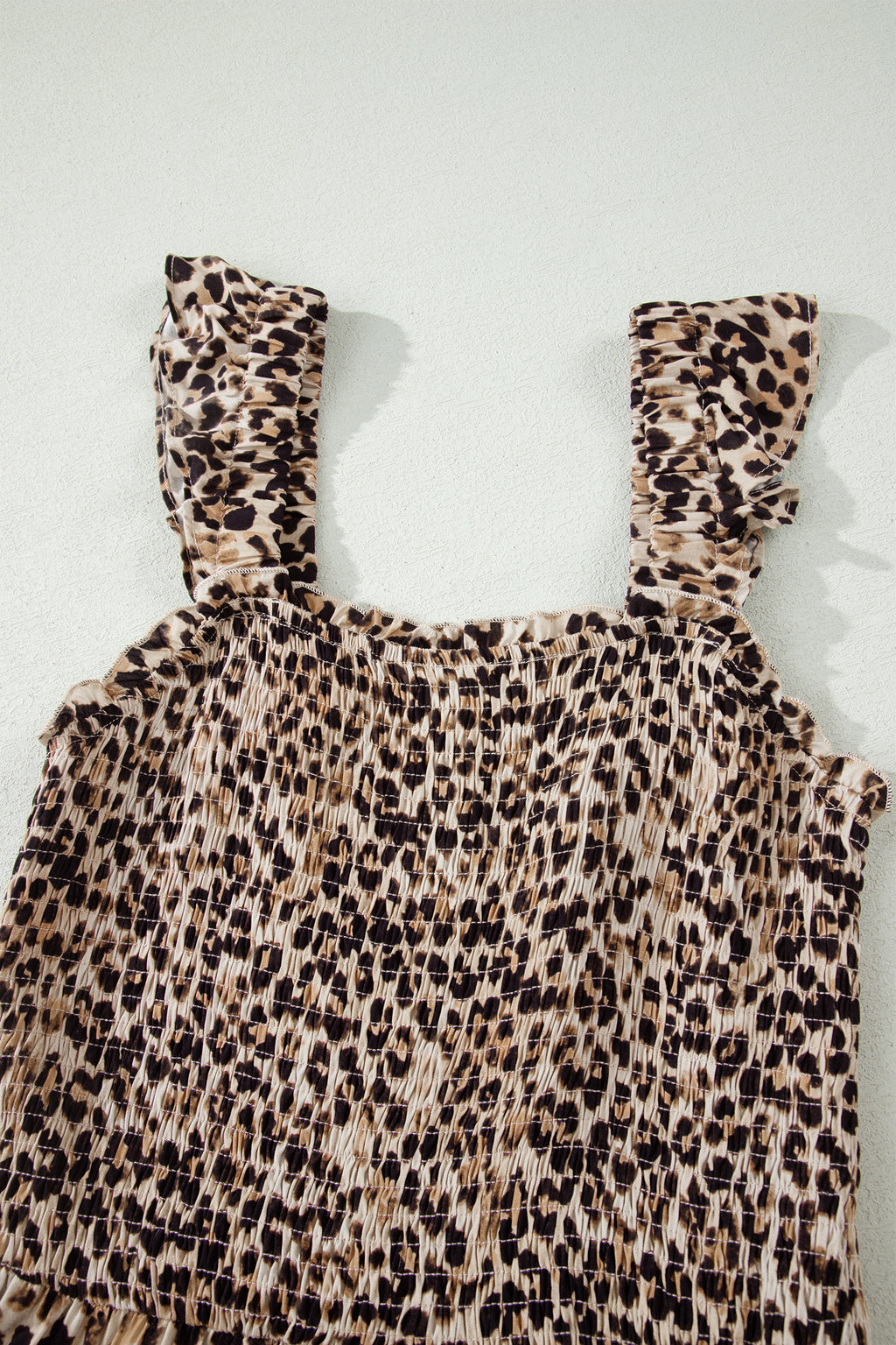 Brown Leopard Print Smocked Ruffled Strap Tiered Maxi Dress