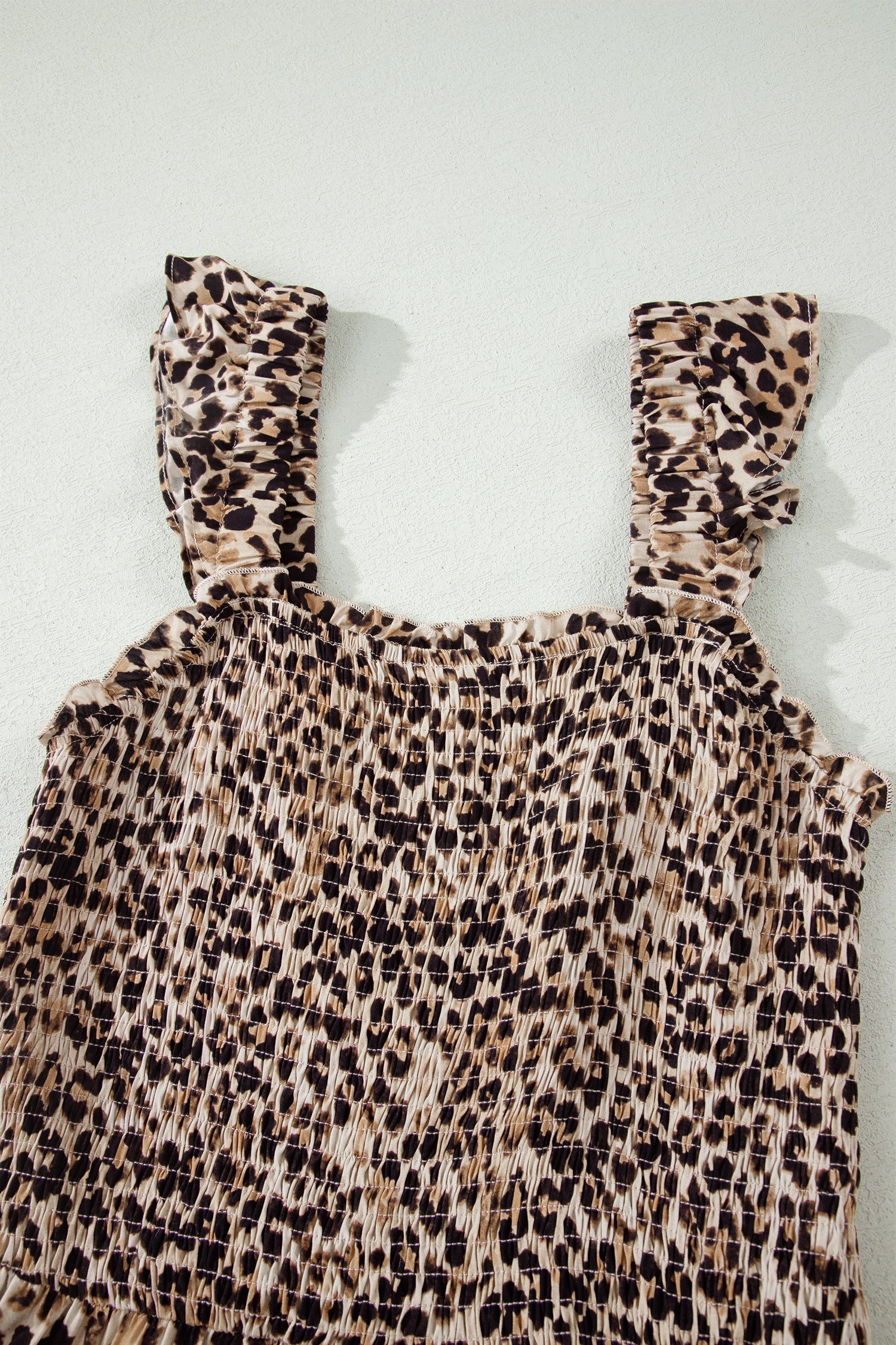 Brown Leopard Print Smocked Ruffled Strap Tiered Maxi Dress
