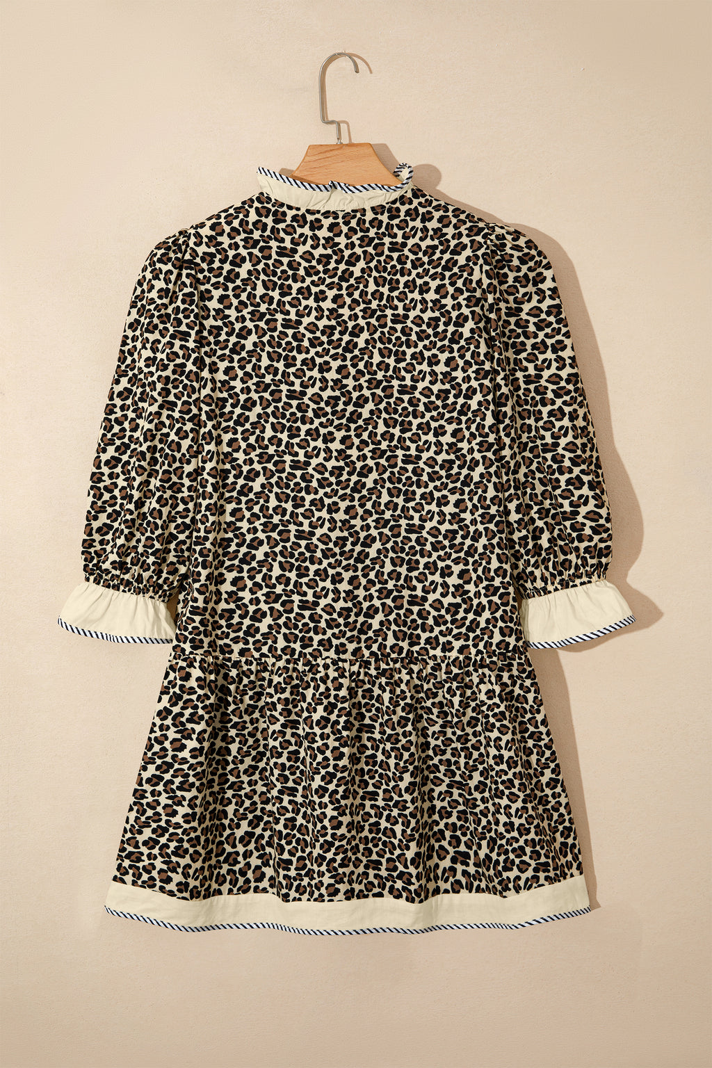 Women's Black Leopard Print Striped Color Block Trim V Neck Bracelet Sleeve Mini Dress at LivelyLooks