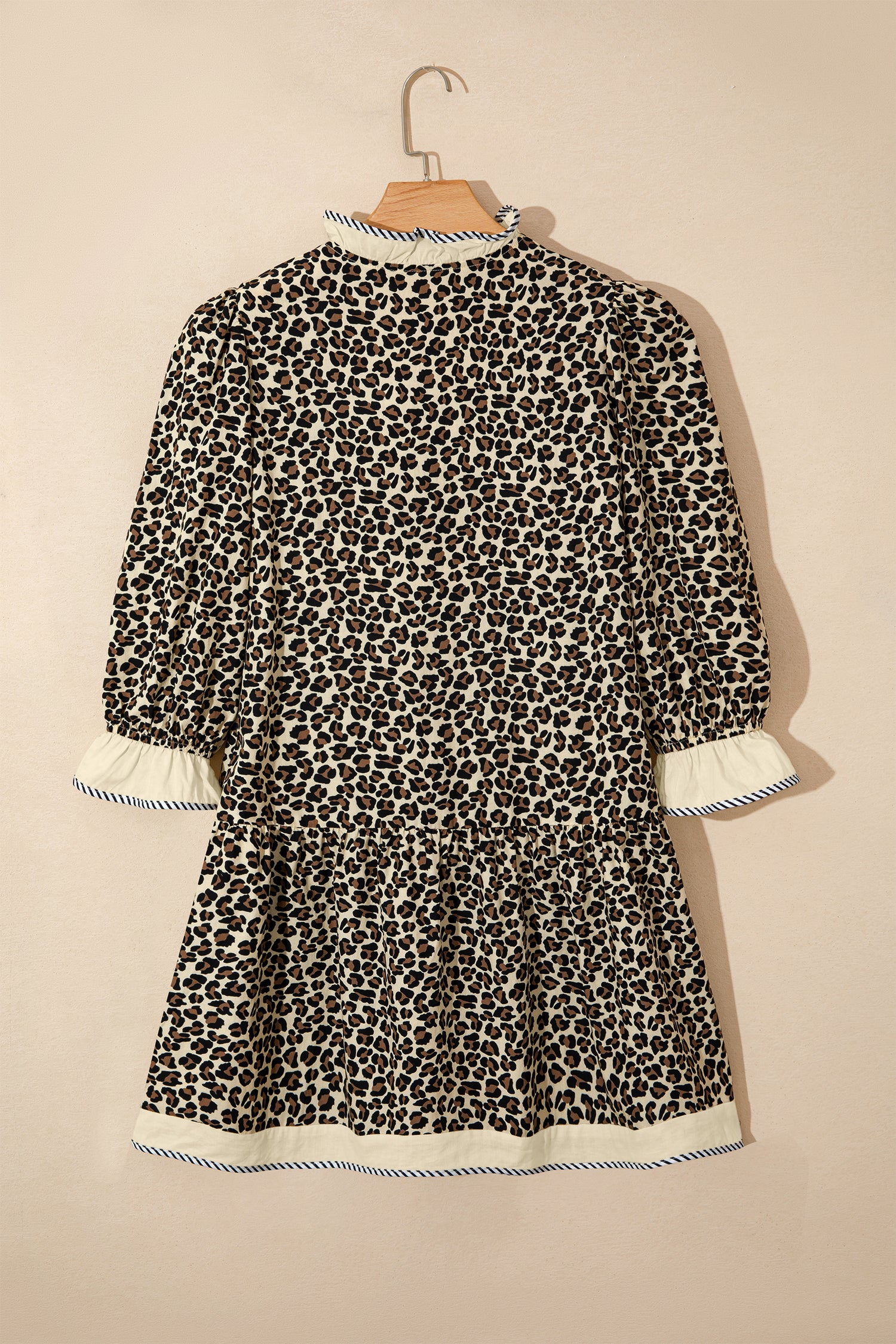 Women's Black Leopard Print Striped Color Block Trim V Neck Bracelet Sleeve Mini Dress at LivelyLooks