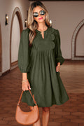 Corduroy Mini Dress Scallop Detail Split Neck Bracelet Sleeve Moss Green Cinnamon S-XL