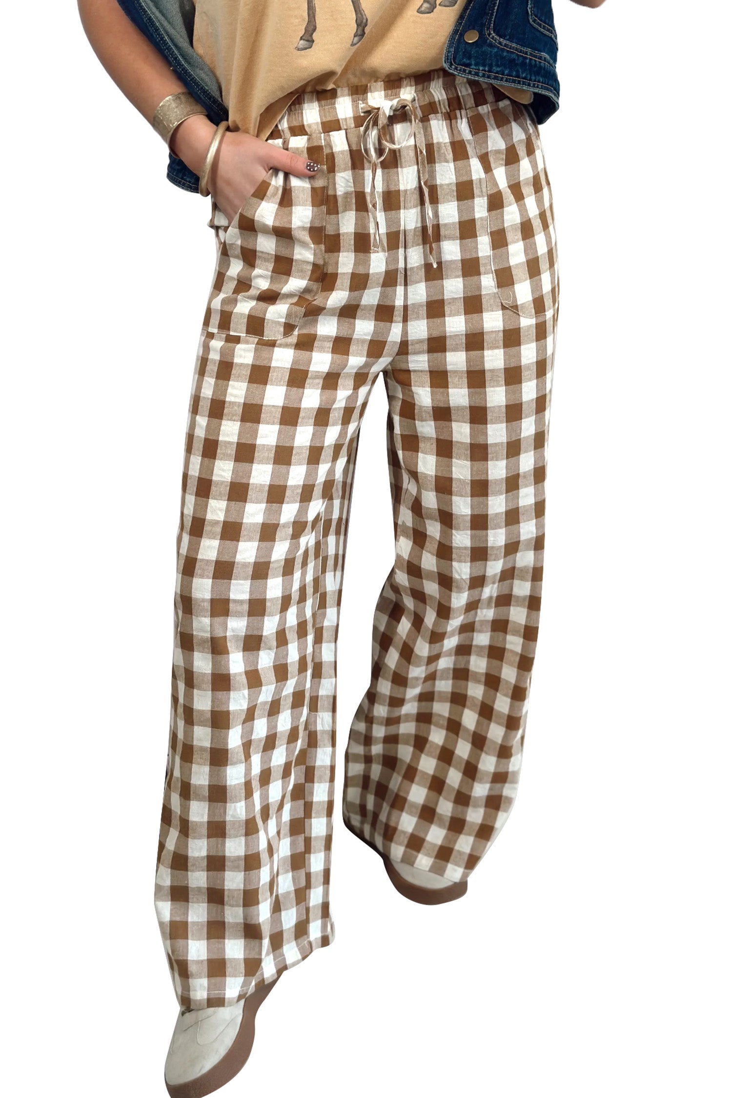 Brown Gingham Plaid Trousers Tie Elastic Waist Casual Shift Pants