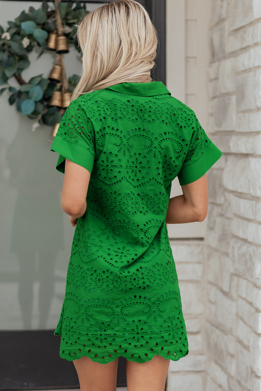 White & Green Eyelet Embroidered Short Sleeve T-Shirt Mini Dress