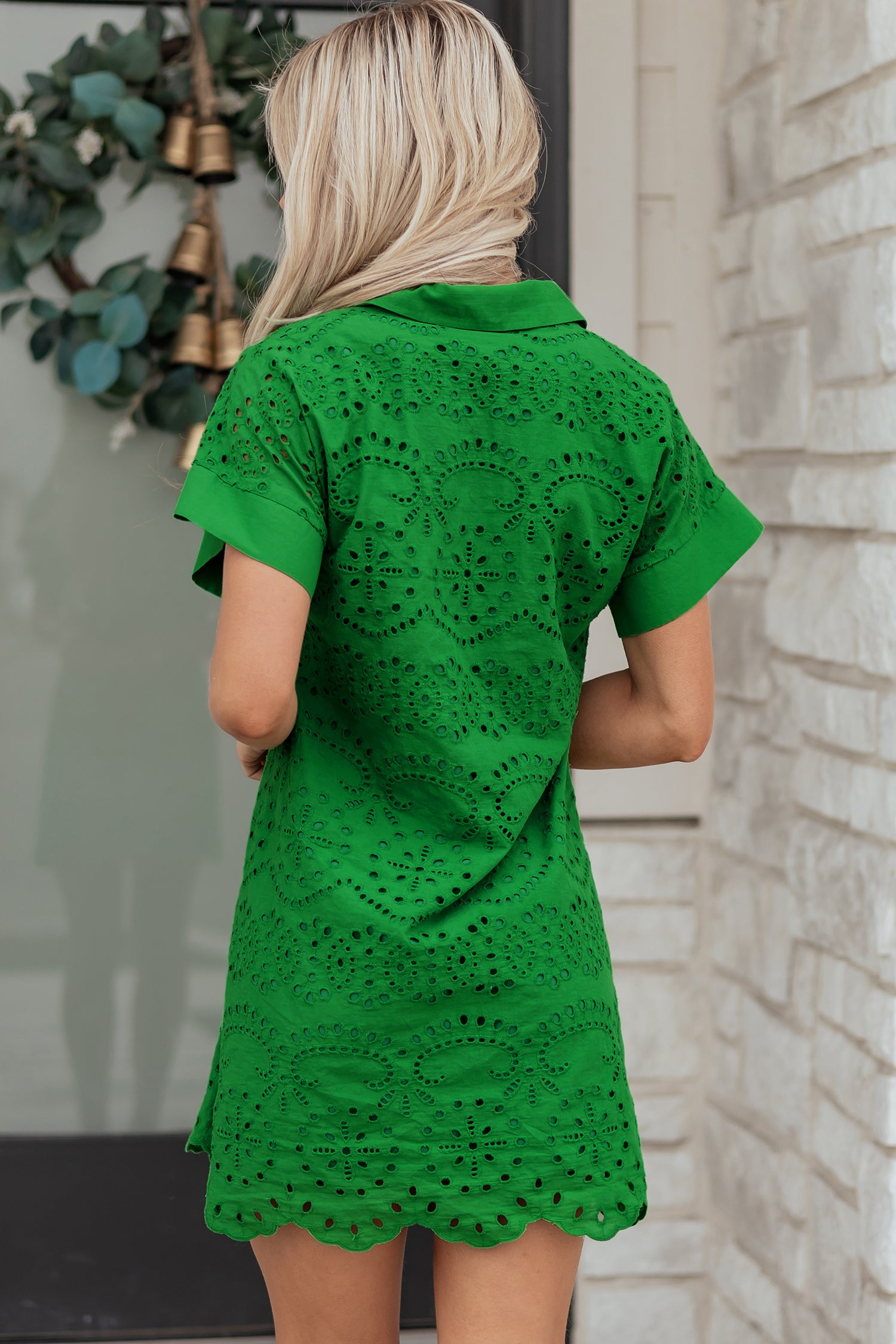 White & Green Eyelet Embroidered Short Sleeve T-Shirt Mini Dress