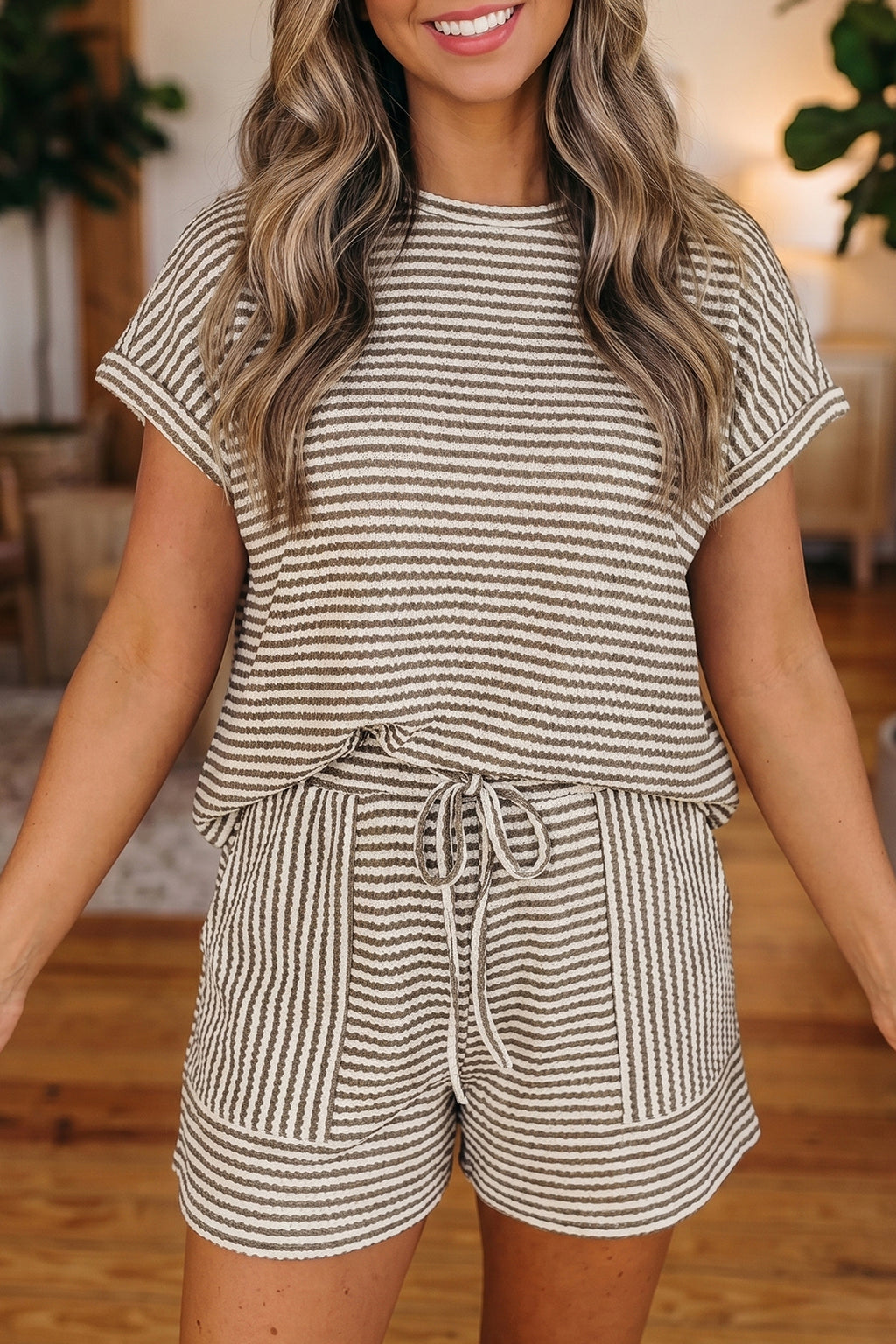 Stripe Textured Knit Top & Shorts Co-ord Set | Brown, Black & Purple