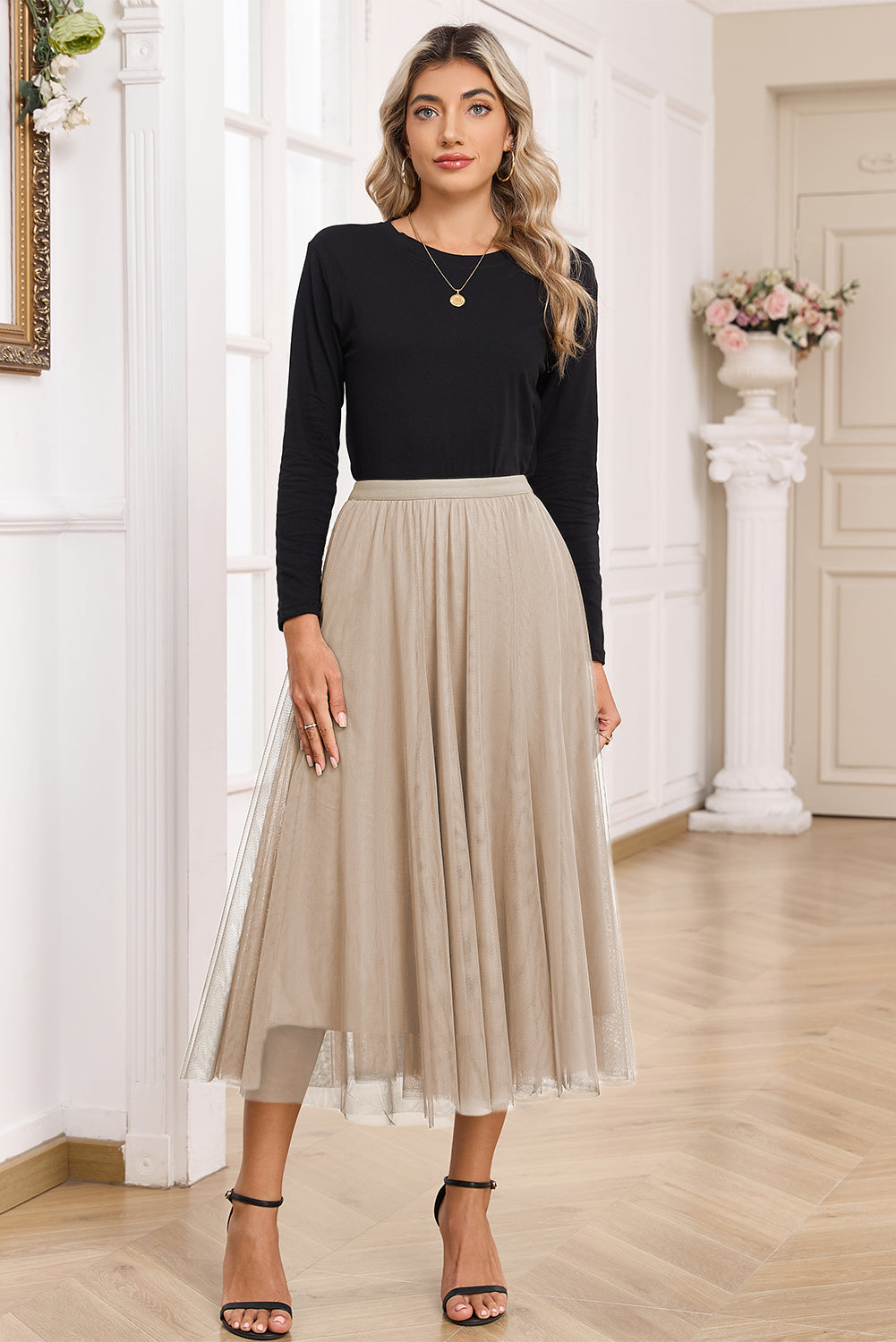 Women's Women's Tulle Flared Midi Skirt Layered Mesh Overlay Green Beige S-XL at LivelyLooks