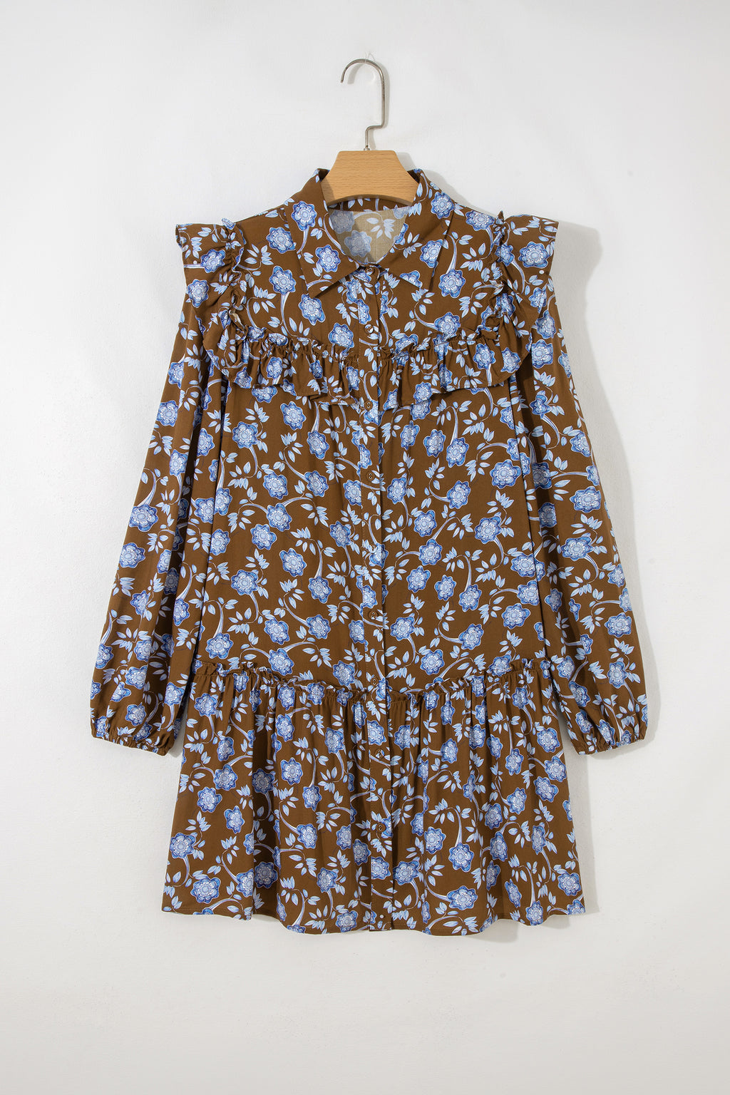 Brown Floral Print Shirt Dress Ruffled Detail Collar Button Down Long Sleeve Women S-XL