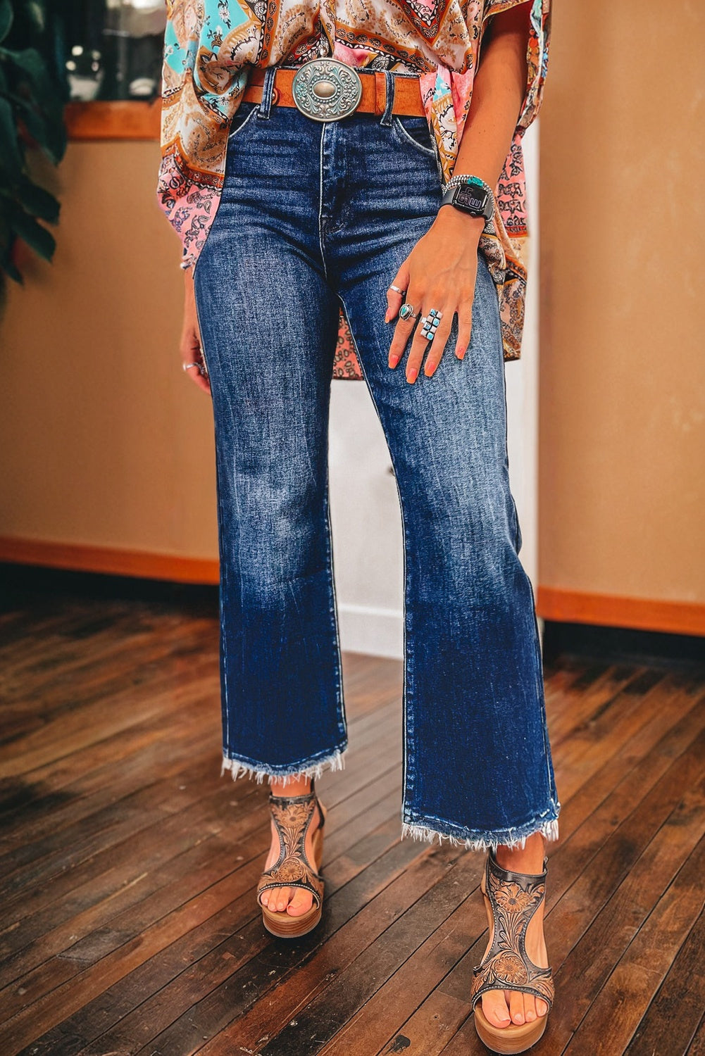 Shop Women's Mineral Wash Flared Jeans Raw Hem High Waist Sizes 4-16 at LivelyLooks