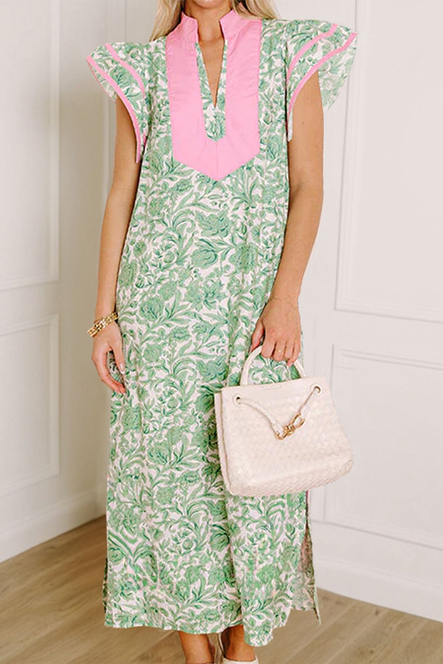 Pink & Green Floral Colour Block Patchwork V-Neck Midi Dress