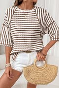 LivelyLooks Brown Stripe Textured Knit Split Hem Half Sleeve Loose Top women's fashion