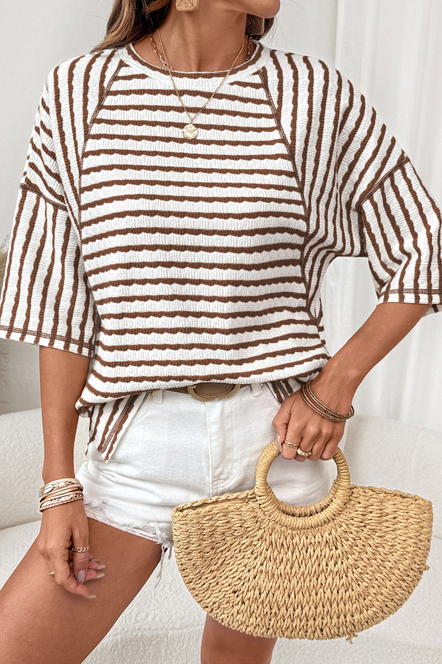 LivelyLooks Brown Stripe Textured Knit Split Hem Half Sleeve Loose Top women's fashion