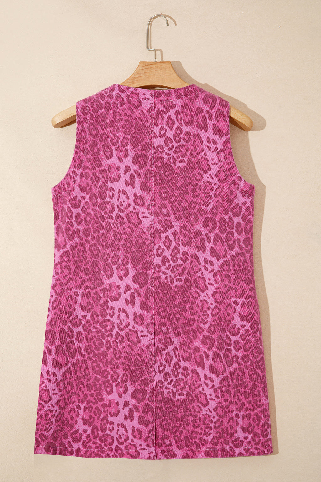 Women's Pink Leopard Denim Buttoned Shift Sleeveless Dress at LivelyLooks