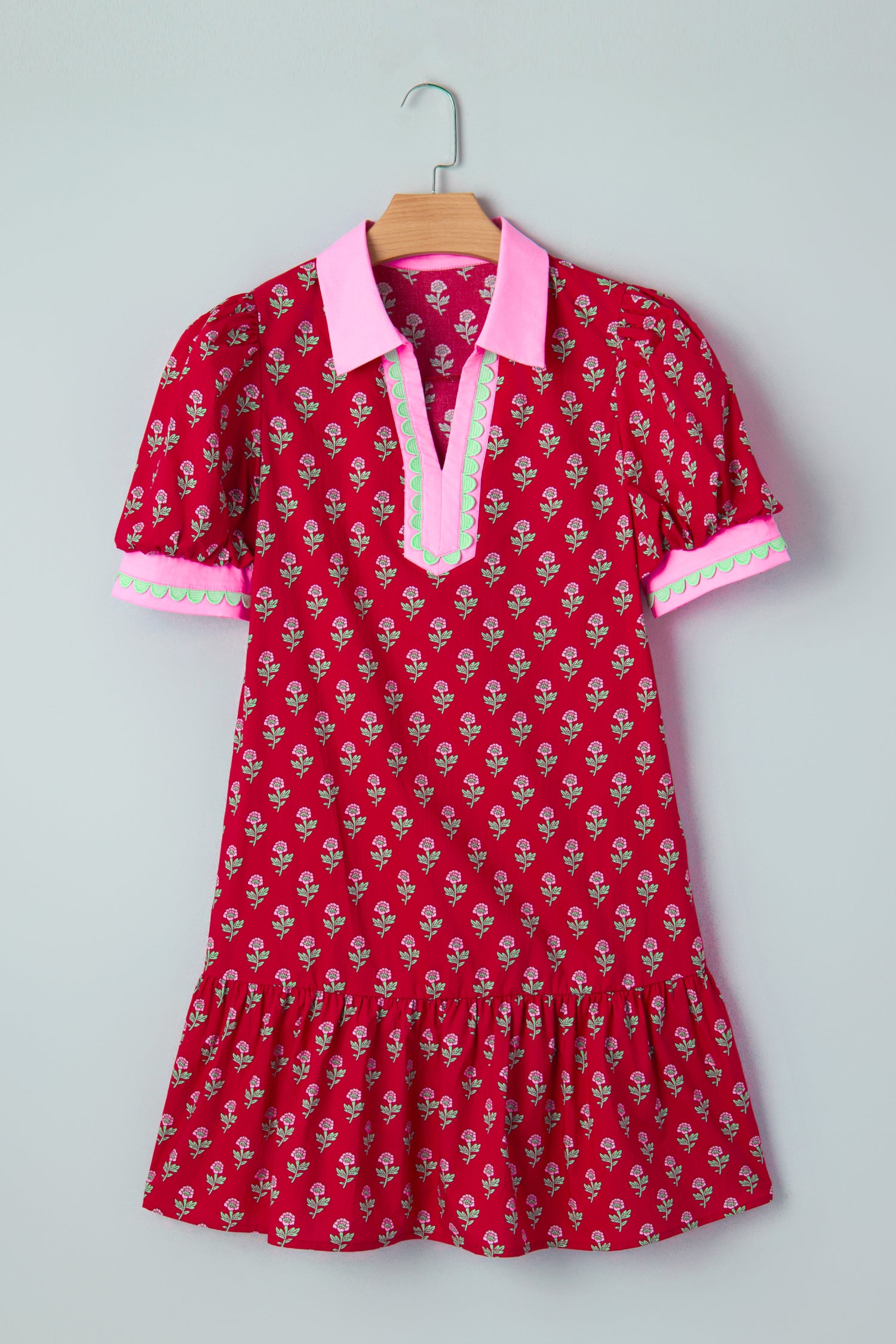 Red Floral Print Mini Dress Contrast V Neck Short Bubble Sleeve Women S-XL