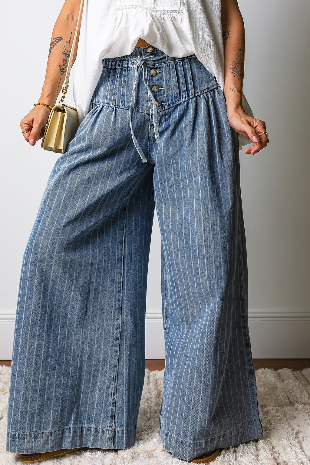 Women's Stripe Button Pleated Drawstring Waist Casual Wide Leg Jeans Denim Trousers Blue at LivelyLooks