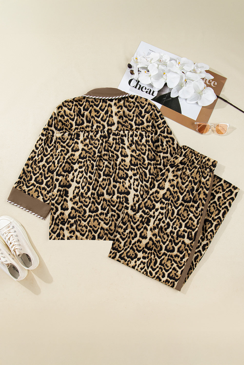 Brown Leopard Collared 3/4 Sleeve Shirt & Loose Pants Two Piece Set | UK 8–22