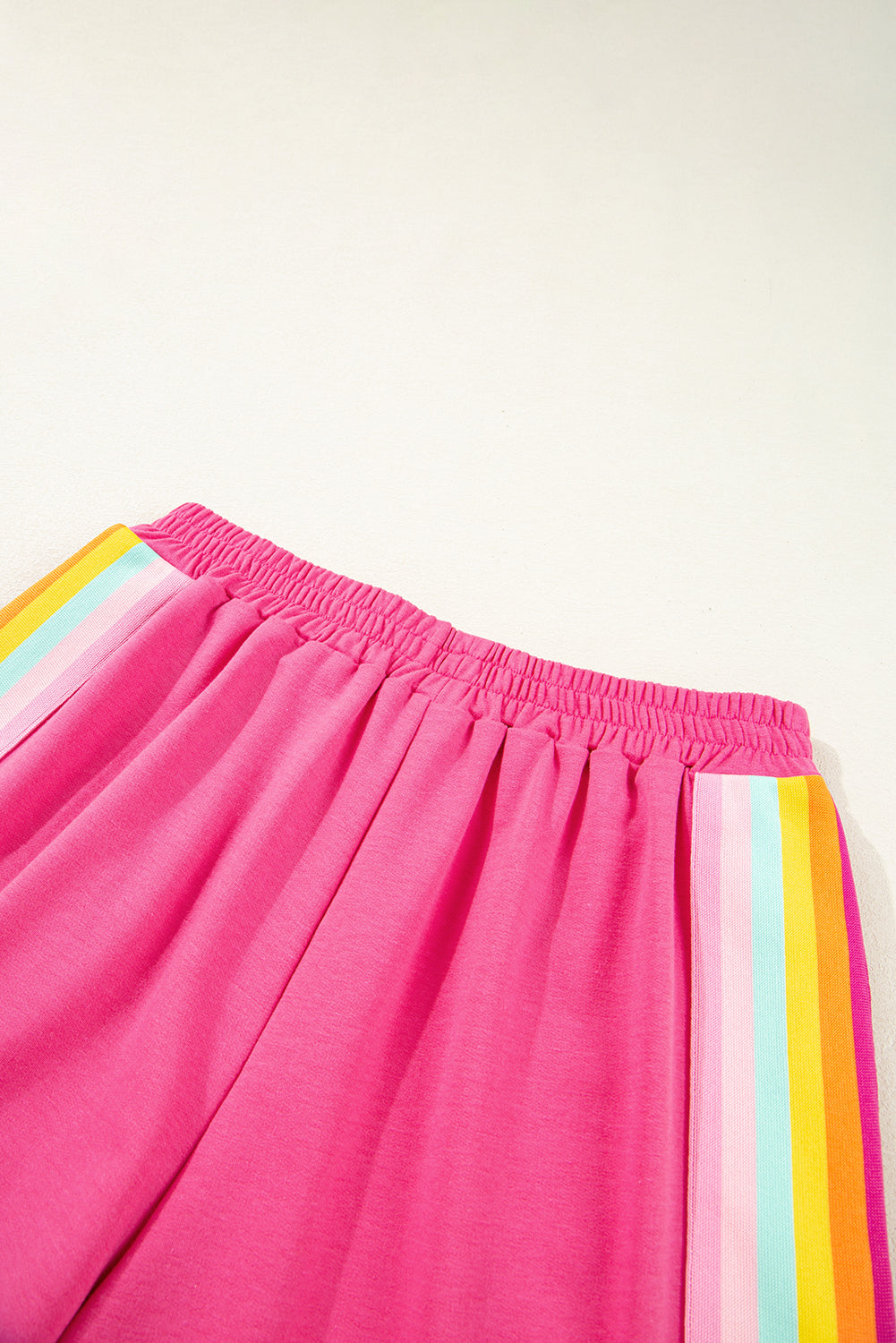 Vibrant Striped Athleisure Short Set | Rose Red & Beige