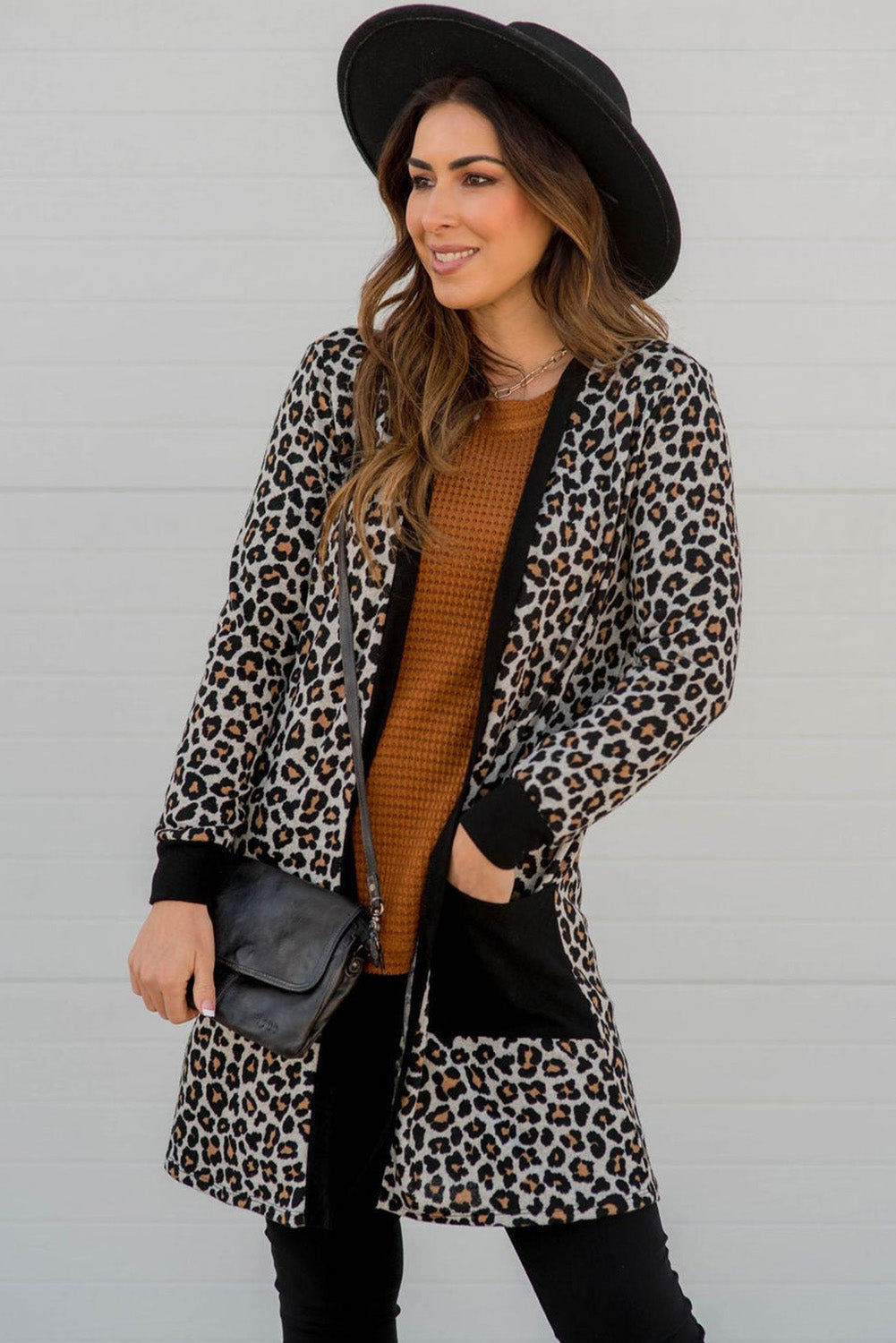 LivelyLooks Black Leopard Patched Pocket Open Front Knit Cardigan S-XL women's fashion
