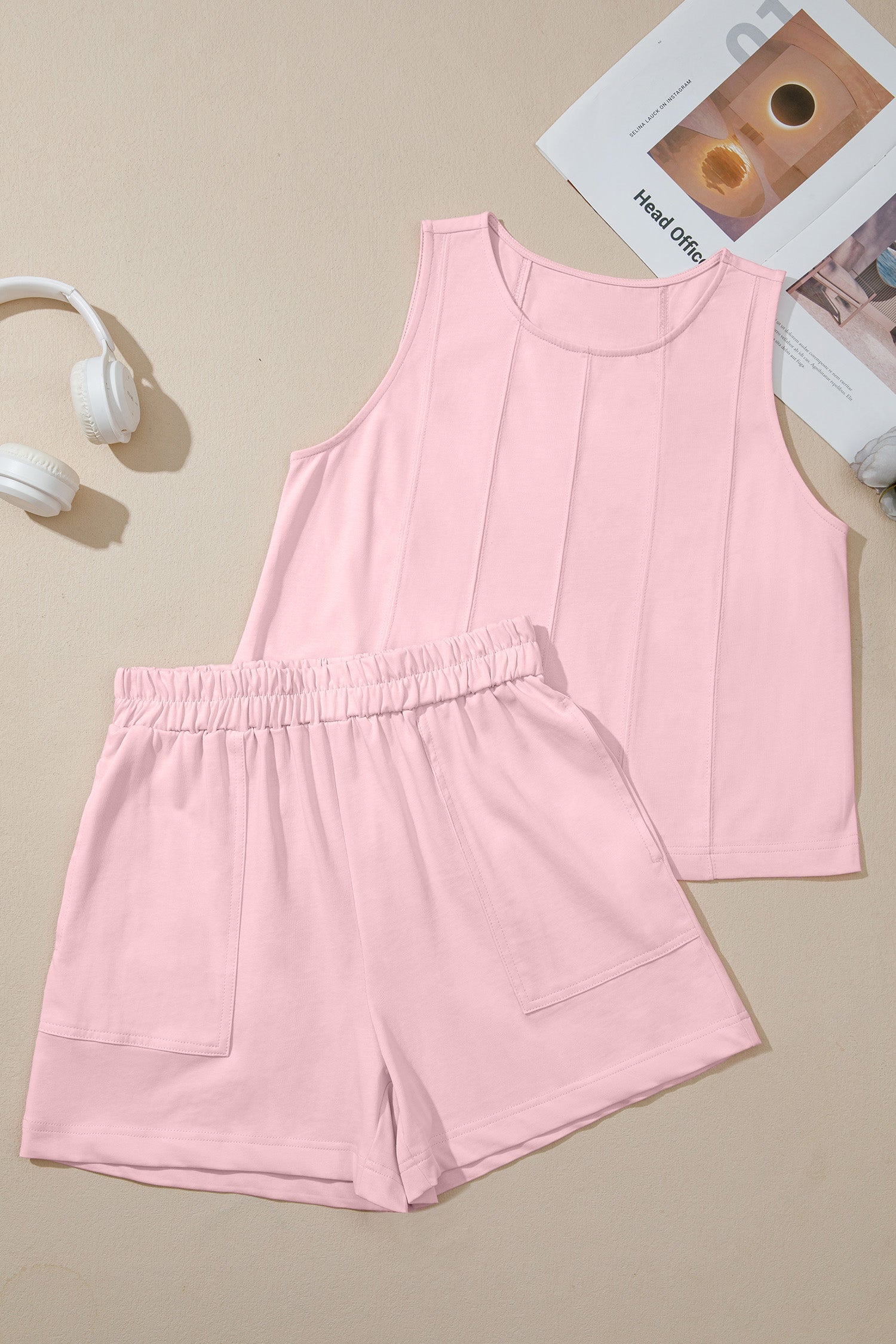 Women's Stitched Detail Tank Top & Shorts Co-ord Set Pink Mist Blue S-XL