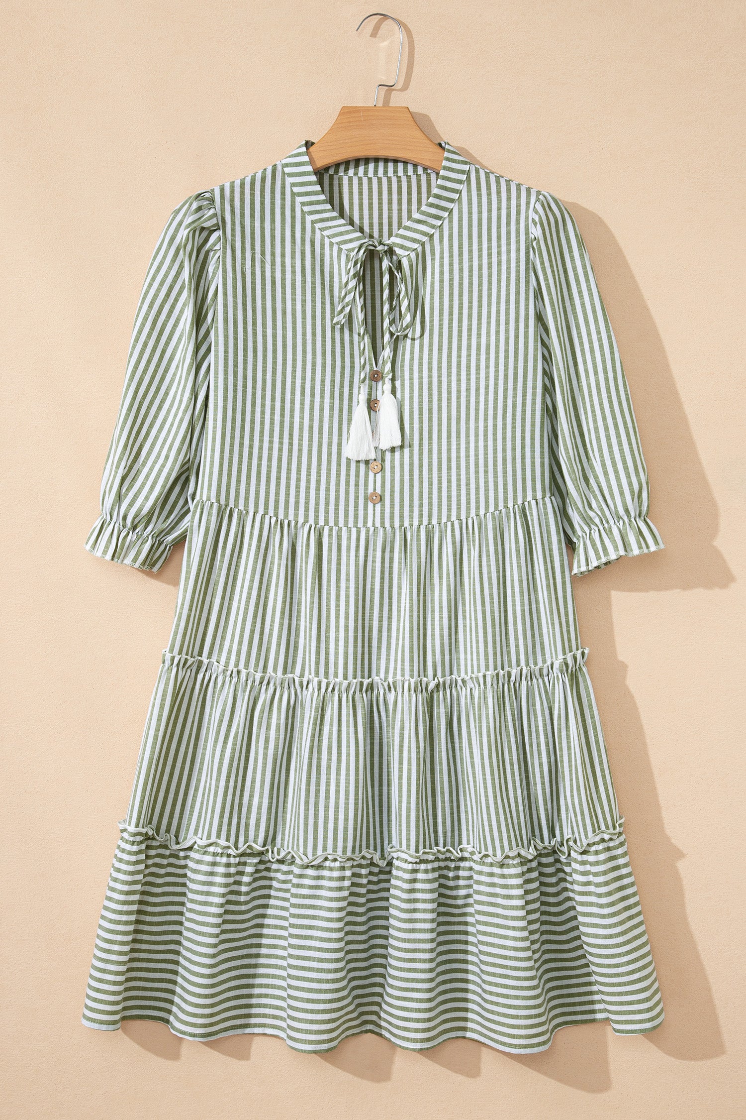 Green Stripe Tiered Dress Tasseled Tie Neck Ruffled Short Sleeve Women S-XL