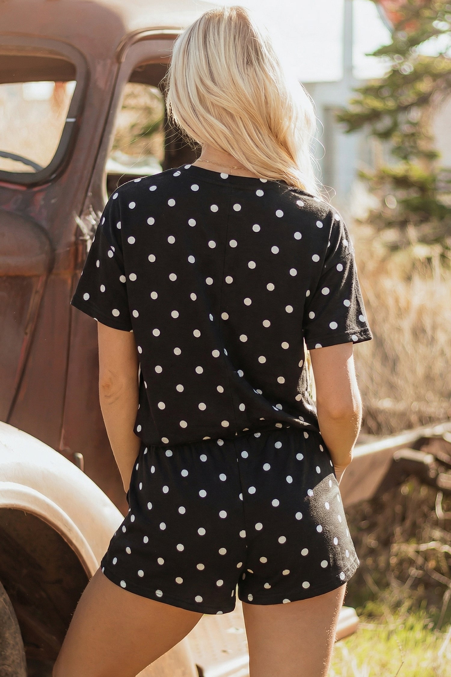 LivelyLooks White Polka Dot Exposed Seam Loose Tee & Drawstring Shorts Set S-XL women's fashion