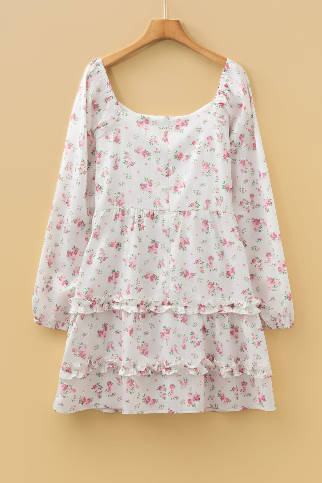 Pink Floral Long Sleeve Ruffle Detail Flared Mini Dress S-XL