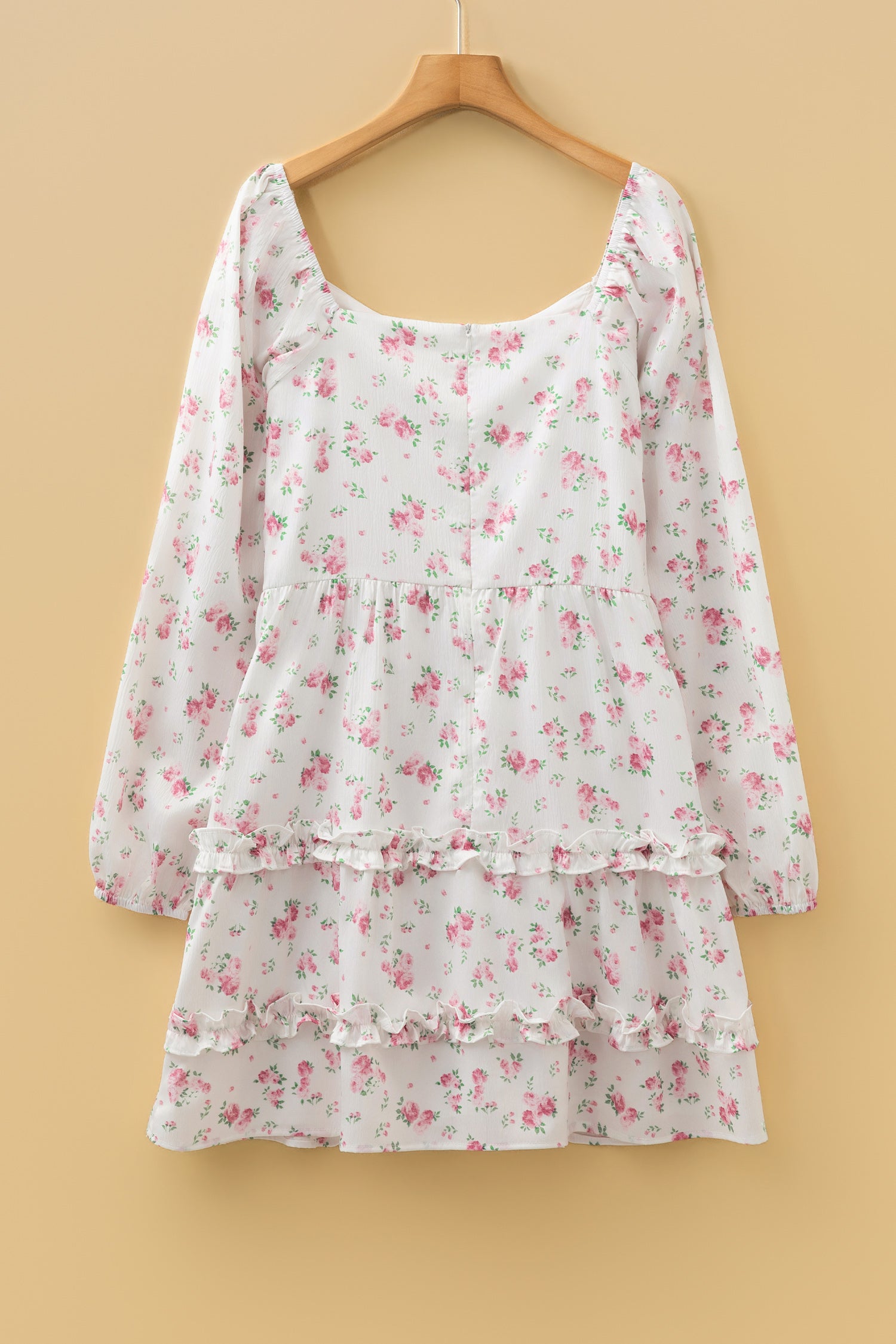 Pink Floral Long Sleeve Ruffle Detail Flared Mini Dress S-XL