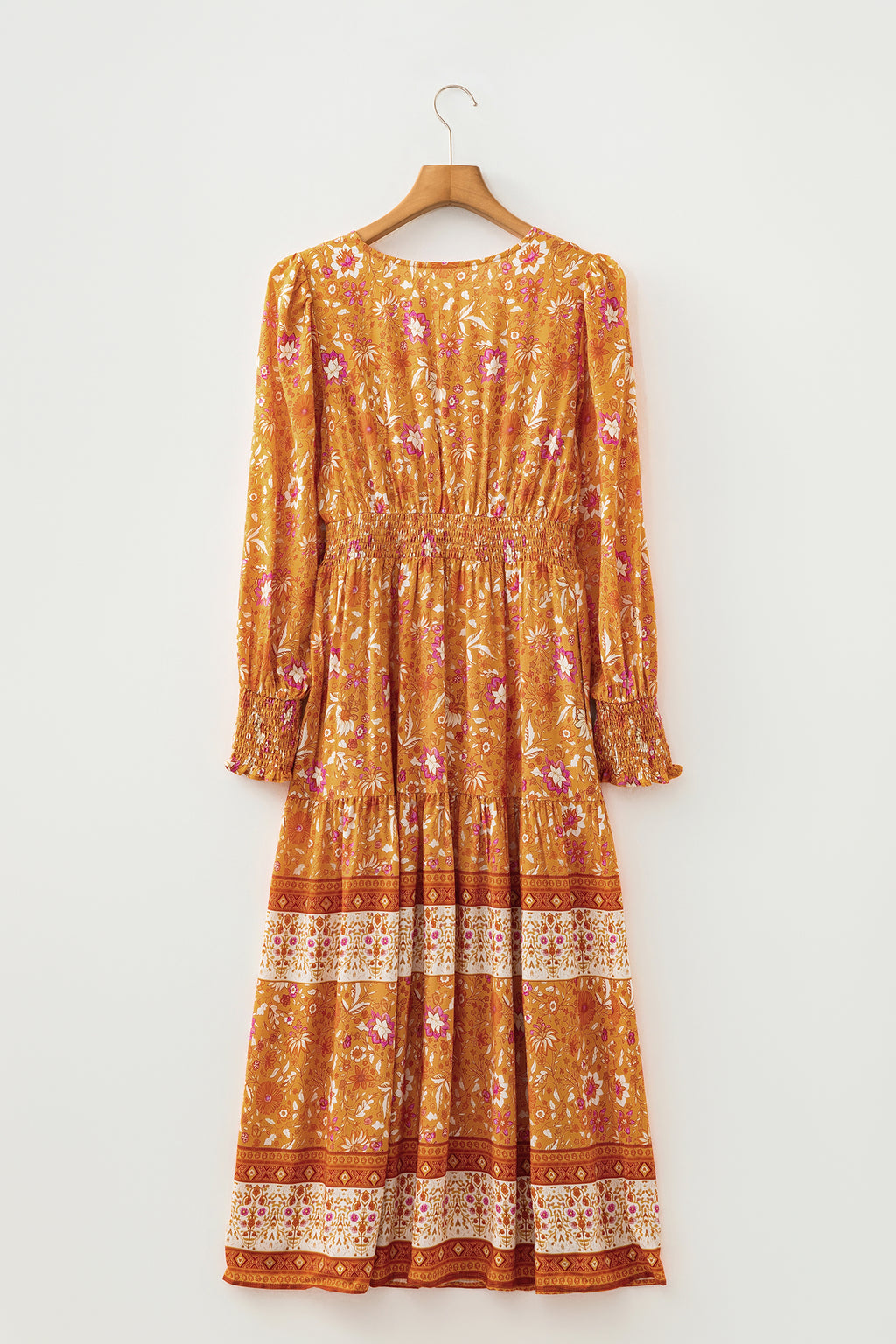 Women's Orange Floral Boho Maxi Dress Smocked Waist Puff Sleeve Tiered S-XL at LivelyLooks