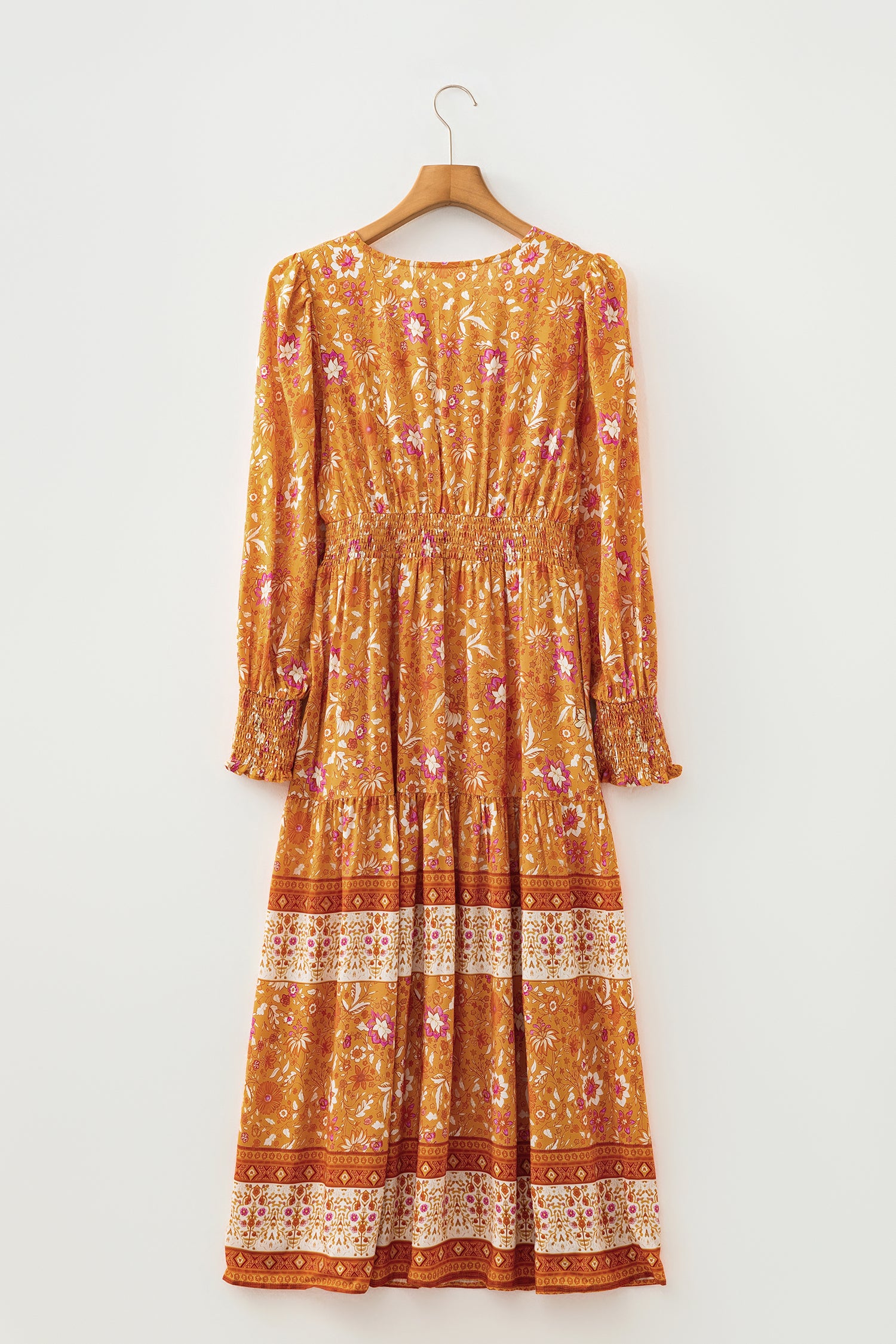 Women's Orange Floral Boho Maxi Dress Smocked Waist Puff Sleeve Tiered S-XL at LivelyLooks