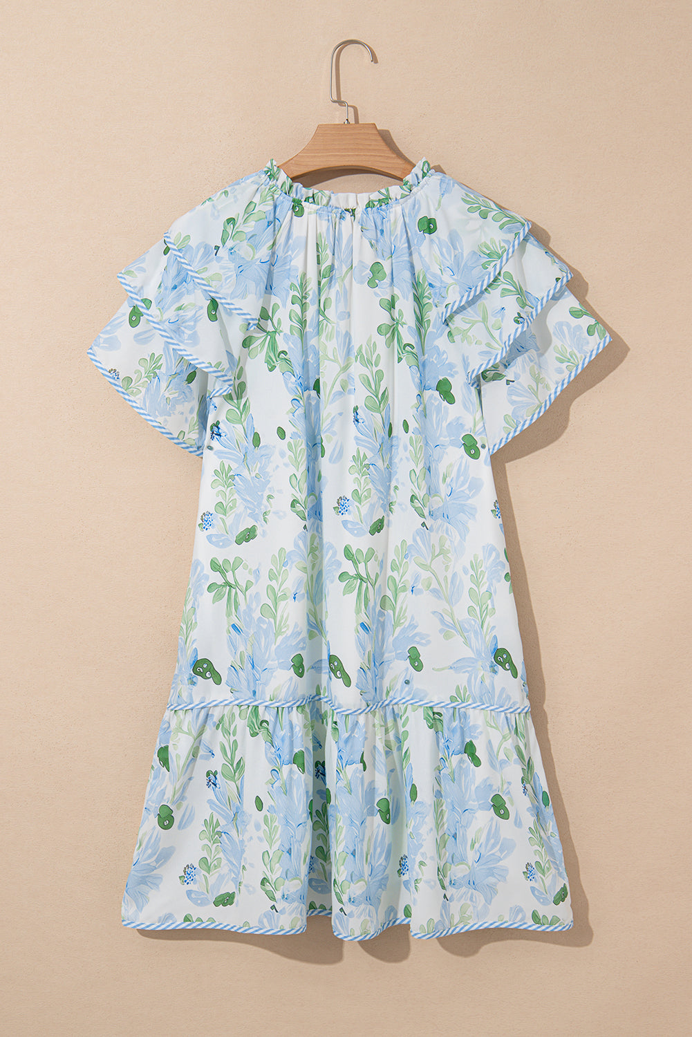 Floral Contrast Edge Layered Sleeve Mini Dress | Sky Blue & Pink