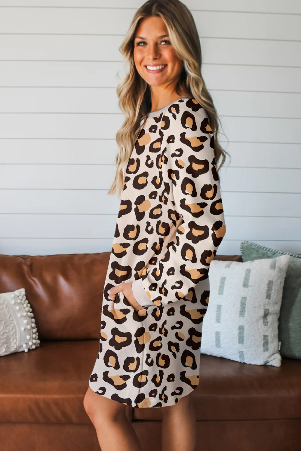 Women's Khaki Leopard Print Long Sleeve Shift T-Shirt Dress with Pockets at LivelyLooks