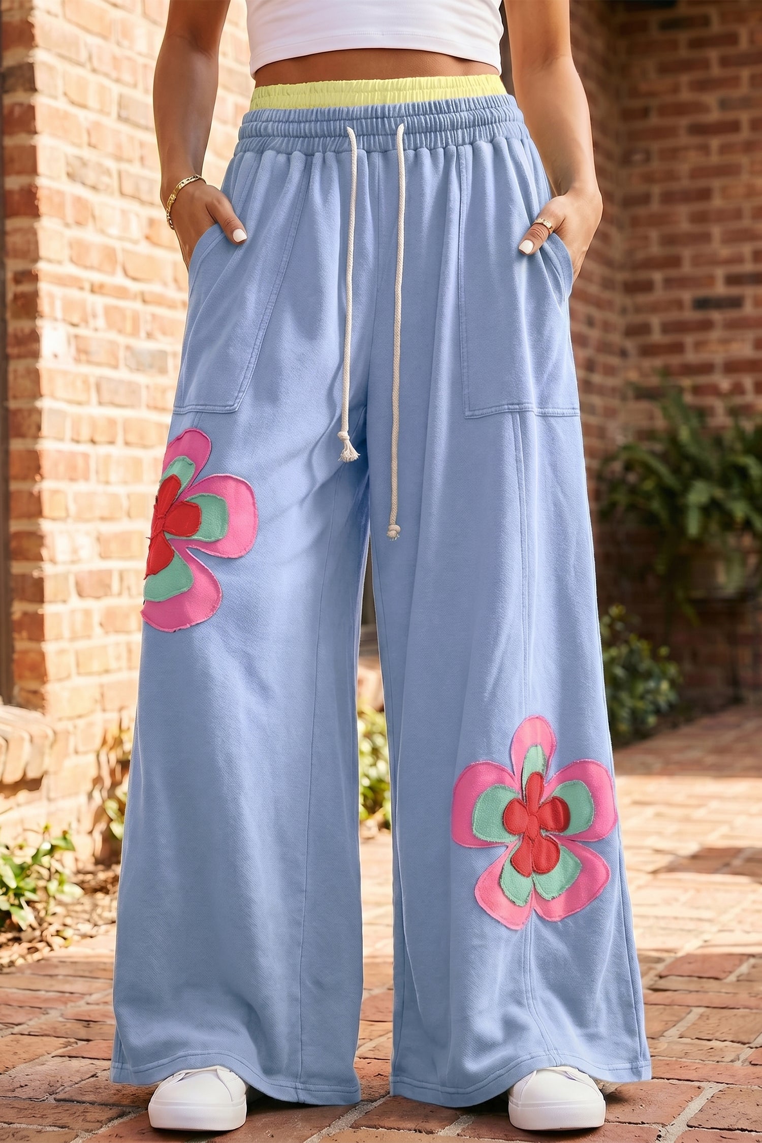 Floral Patchwork Drawstring Wide Leg Trousers – Sky Blue
