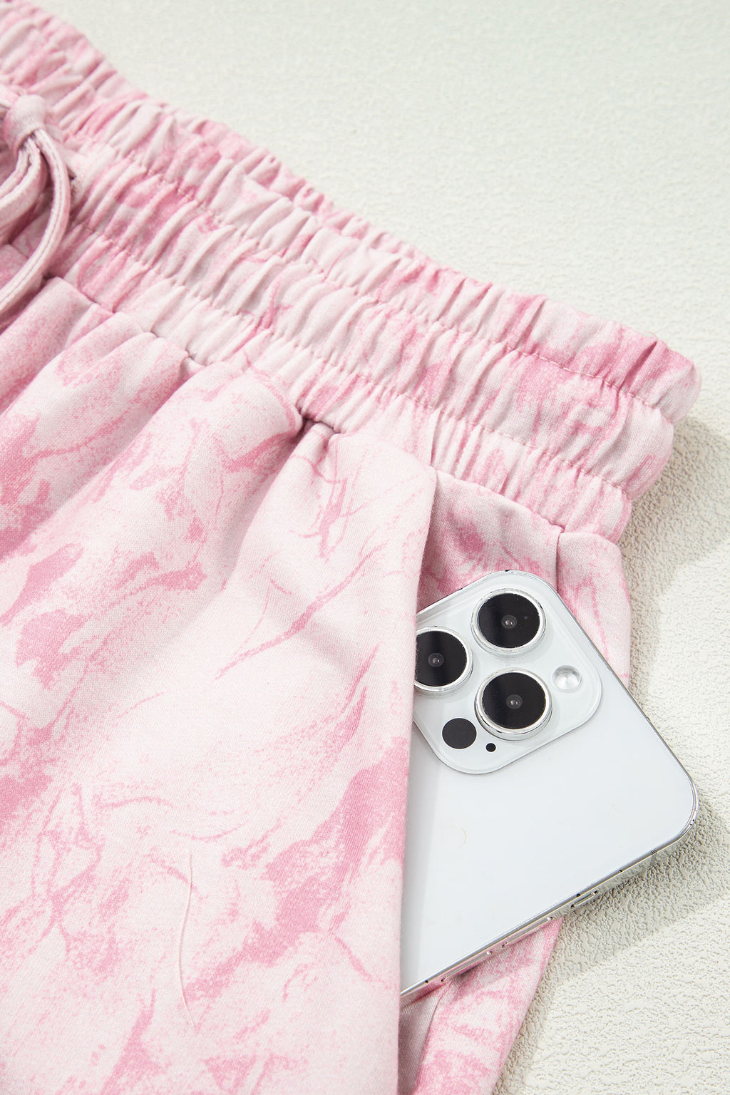 Abstract Print V-Neck Loose Tee & Drawstring Shorts Co-ord | Khaki & Pink