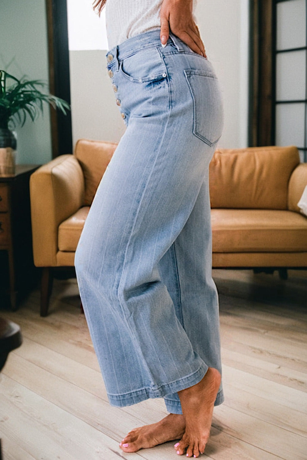 Shop Beau Blue Multi Buttons Pinstripe Wide Leg Jeans at LivelyLooks