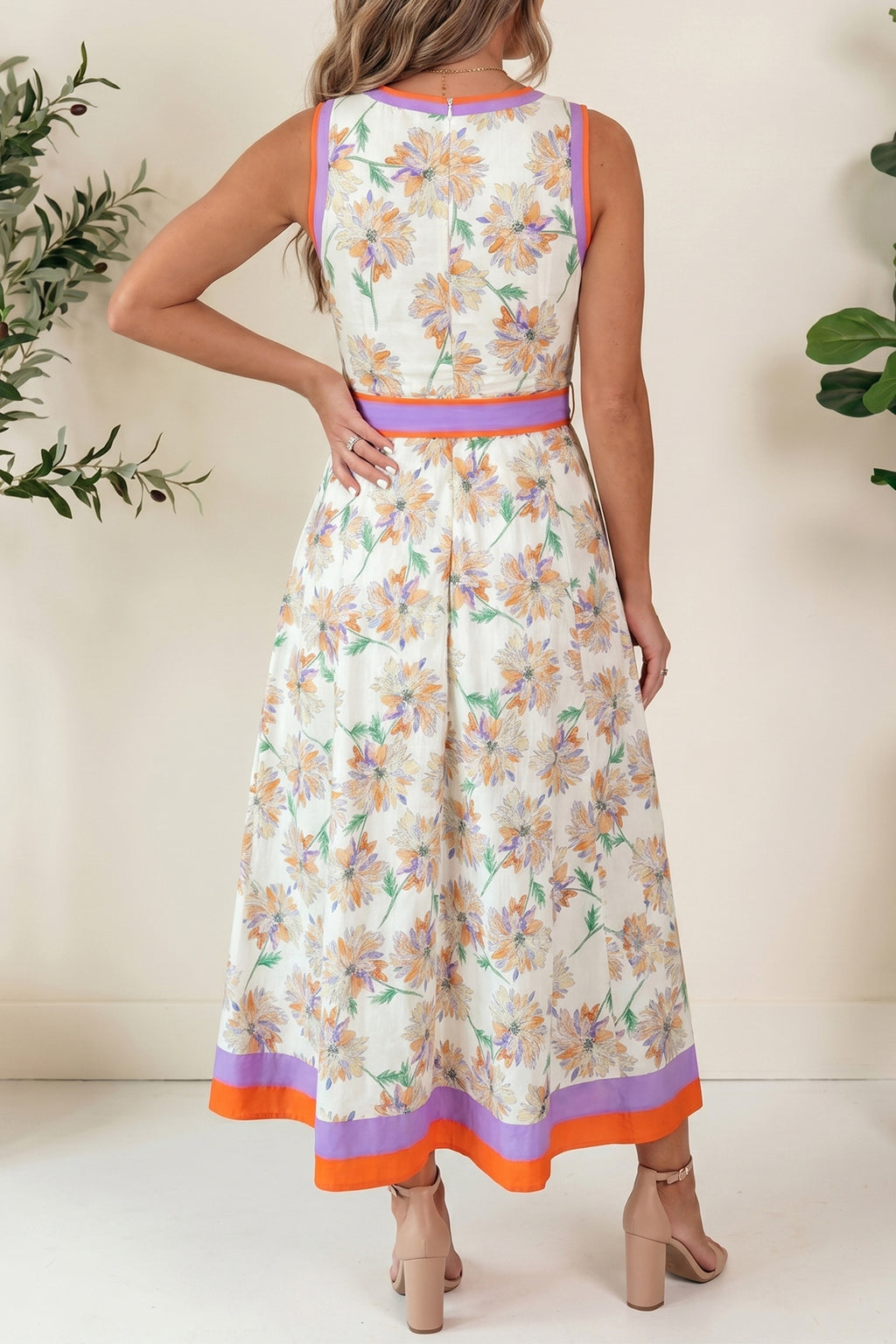 Shop White Floral Print Colour Block Trim Belted Sleeveless Maxi Dress at LivelyLooks