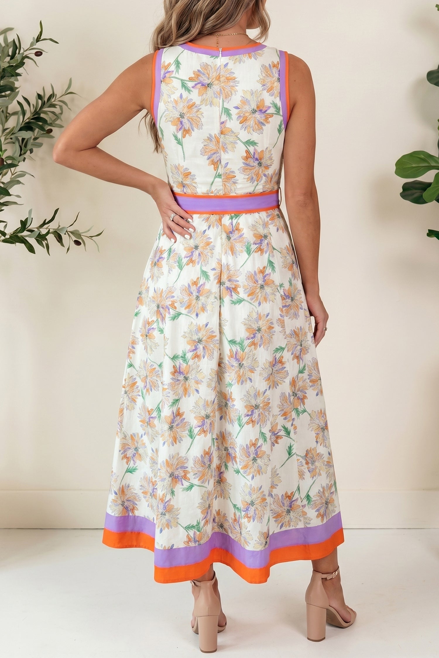 Shop White Floral Print Colour Block Trim Belted Sleeveless Maxi Dress at LivelyLooks