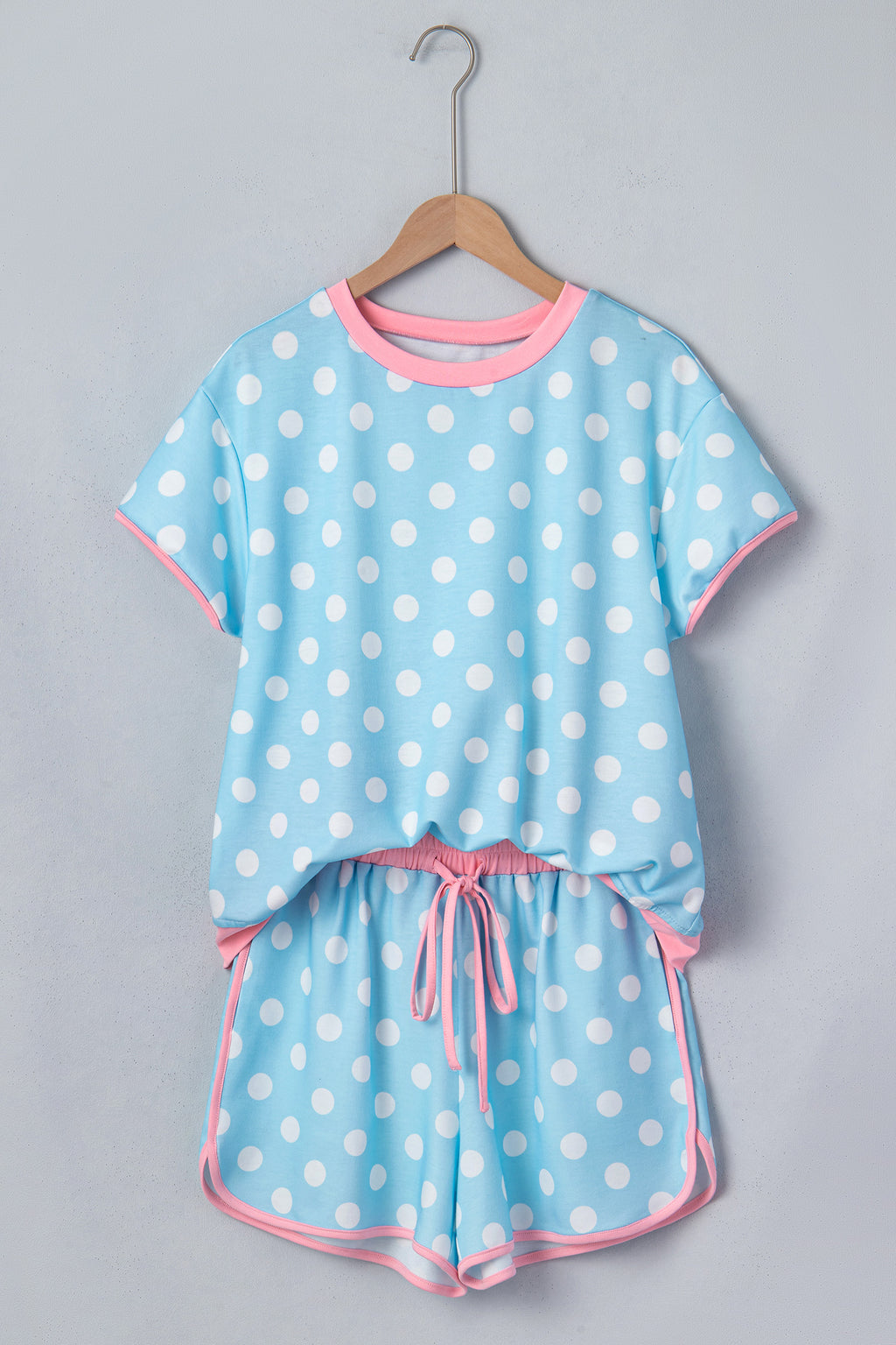 Polka Dot Contrast Edge Casual Short Set Pink Sky Blue Women S-XL