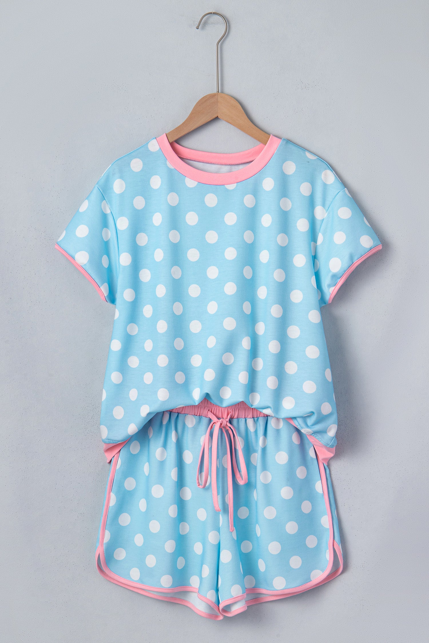 Polka Dot Contrast Edge Casual Short Set Pink Sky Blue Women S-XL