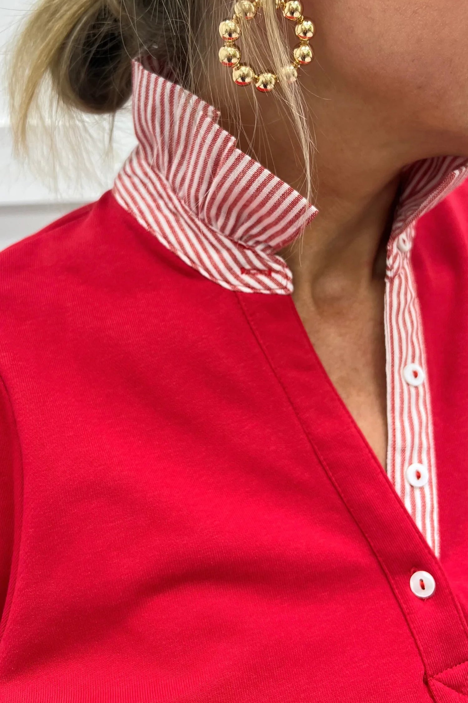 Women's Fiery Red Striped Frilled Collar Puff Sleeve Blouse at LivelyLooks