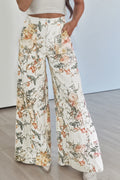 Women's Beige Vintage Style Floral Print High Waist Wide Leg Jeans at LivelyLooks