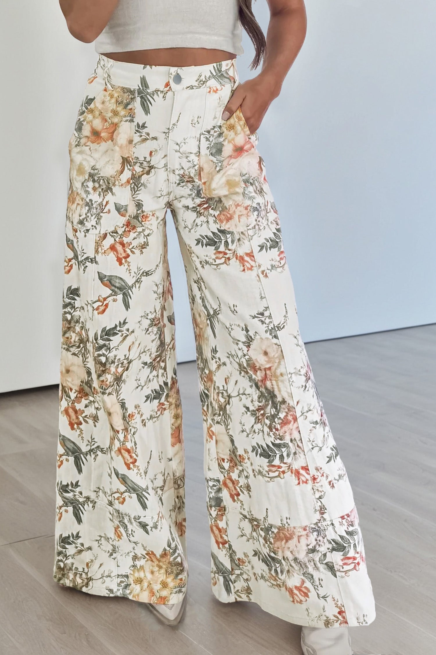 Women's Beige Vintage Style Floral Print High Waist Wide Leg Jeans at LivelyLooks
