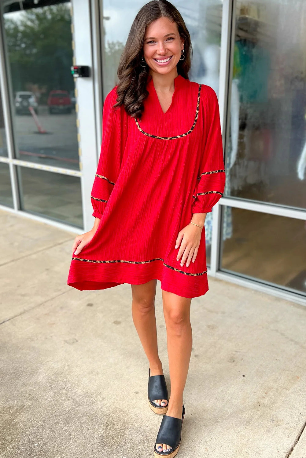 Women's Fiery Red Textured V Neck Leopard Contrasted Trim Long Sleeve Shift Mini Dress at LivelyLooks